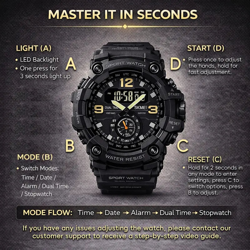 Men's Tactical Analog-Digital Sports Chronograph Watch - 50M Water-Resistant, Large Dual Display, Luminous, Alarm, Adjustable Rubber Strap, 56mm Case, Outdoor Fitness Accessory