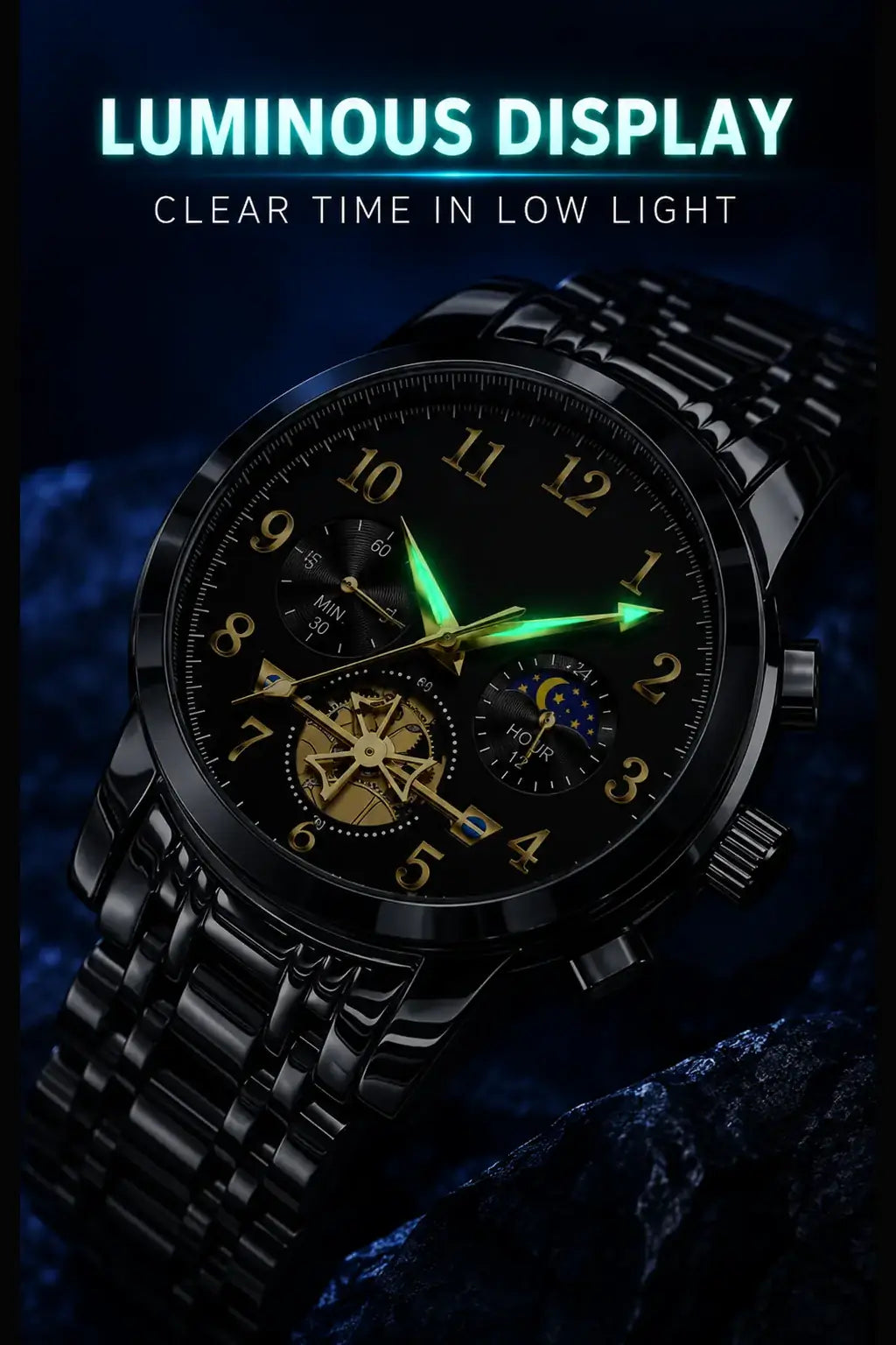 OLEVS Men's Luxury Business Chronograph Quartz Watch Black Stainless Steel Waterproof Luminous Roman Numerals Analog Wristwatch Mechanical Style 30M Waterproof Fashion Casual Trendy Male Watch Set Perfect Birthday Anniversary Gift with for Men 2859