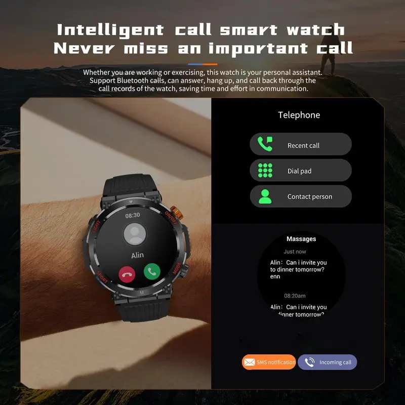 Military Smartwatches (Call Reception/Number Dialing) with LED Flashlight 1.46-inch High-Definition Outdoor Tactical Strong Smart Watch for Sports and Fitness Tracking, Weather , Information Push Voice Assistant, Clock Display Suitable for IOS and Android