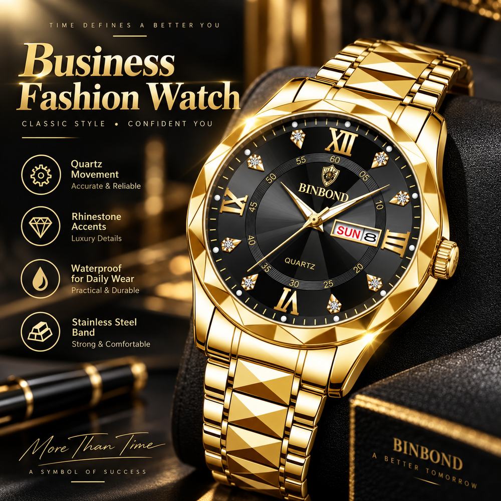 Men's Business Fashion Rhinestone Decor Analog Quartz Watch, Calendrier Waterproof Watch for Party, Daily Decor, Trendy Exquisite Watch for Birthday Gift with Box, Business Fashion Watches