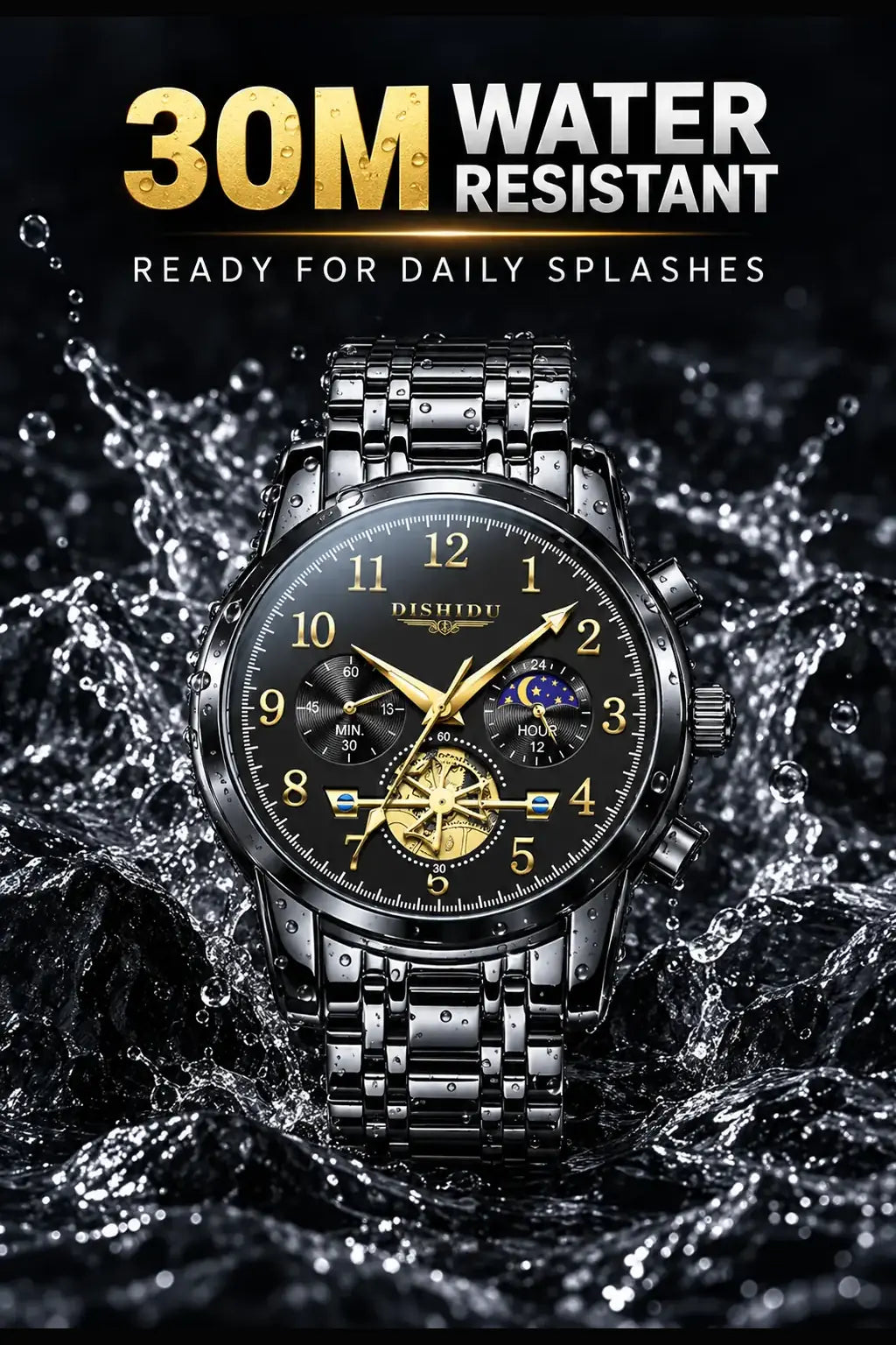 OLEVS Men's Luxury Business Chronograph Quartz Watch Black Stainless Steel Waterproof Luminous Roman Numerals Analog Wristwatch Mechanical Style 30M Waterproof Fashion Casual Trendy Male Watch Set Perfect Birthday Anniversary Gift with for Men 2859