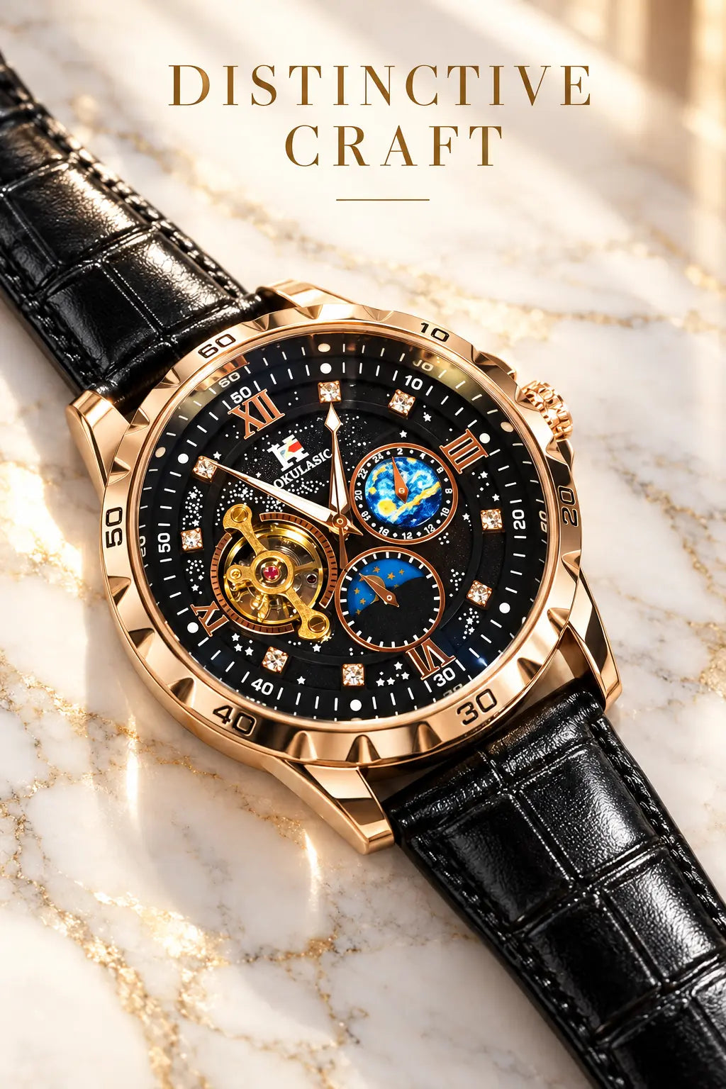 Men's Luxury Mechanical Stainless Steel Rhinestone Embellished Fashionable Stylish Watch, Rose Case, Moon Phase Display, Glow-In-The-Dark Hands, Dial, Rhinestone Decorations