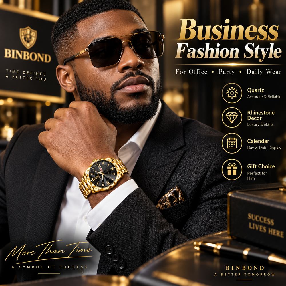 Men's Business Fashion Rhinestone Decor Analog Quartz Watch, Calendrier Waterproof Watch for Party, Daily Decor, Trendy Exquisite Watch for Birthday Gift with Box, Business Fashion Watches