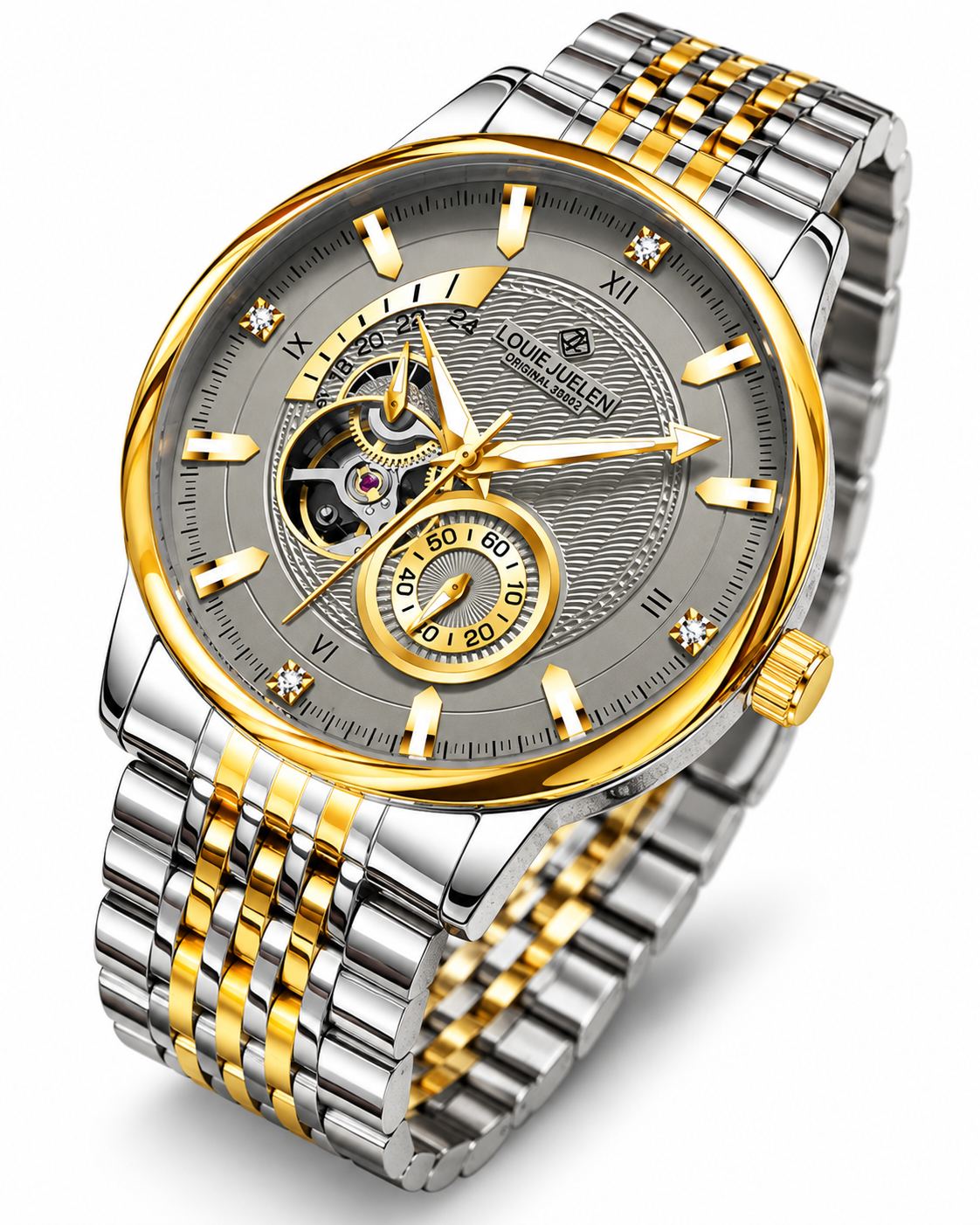 LOUIEJUELEN Aviator Series Men's Swiss Automatic Skeleton Watch - 42mm Stainless Steel Chronograph with Sapphire Crystal, Water-Resistant & Shockproof, Luminous Dial for Business & Casual Occasions