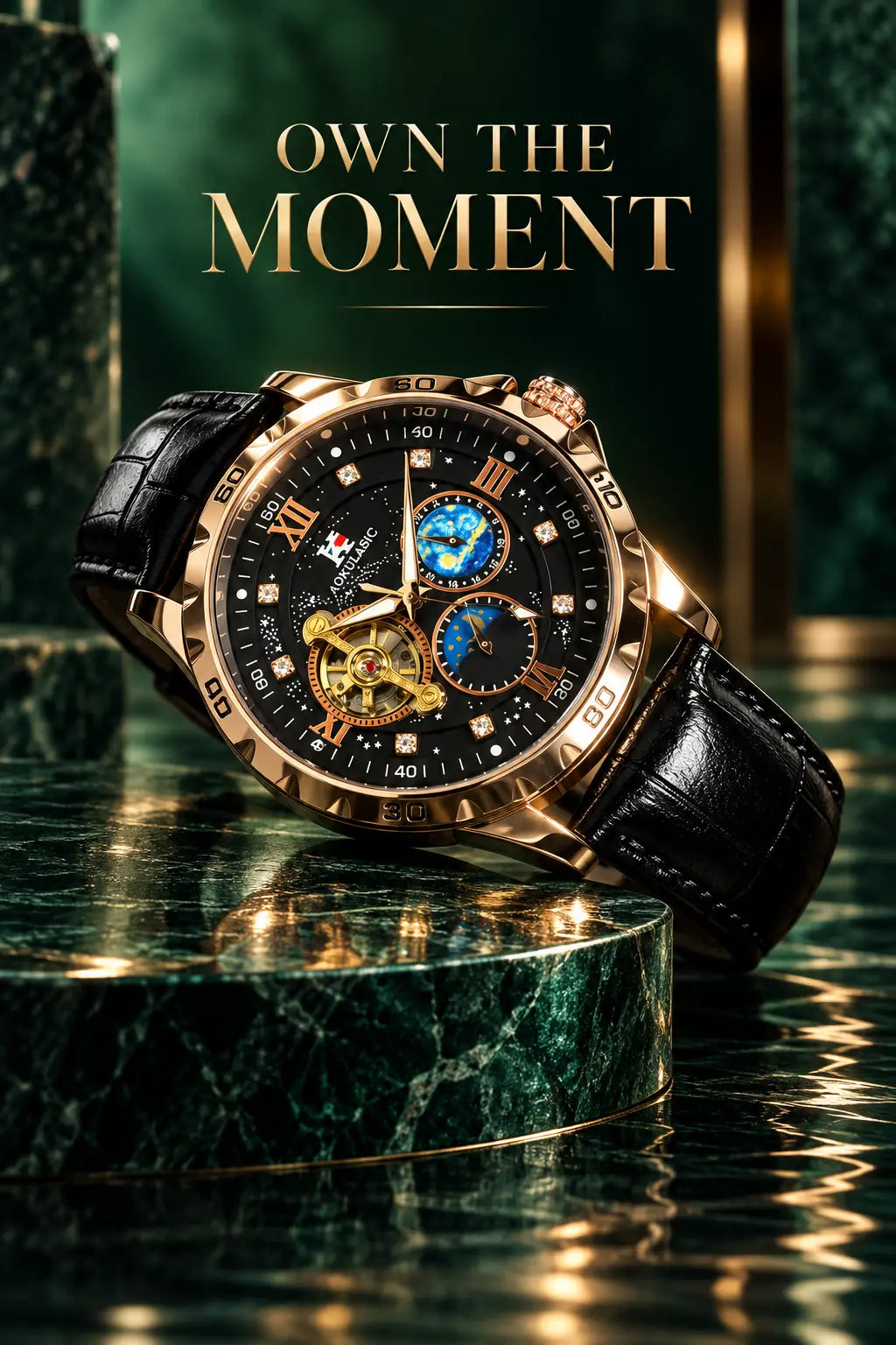 Men's Luxury Mechanical Stainless Steel Rhinestone Embellished Fashionable Stylish Watch, Rose Case, Moon Phase Display, Glow-In-The-Dark Hands, Dial, Rhinestone Decorations