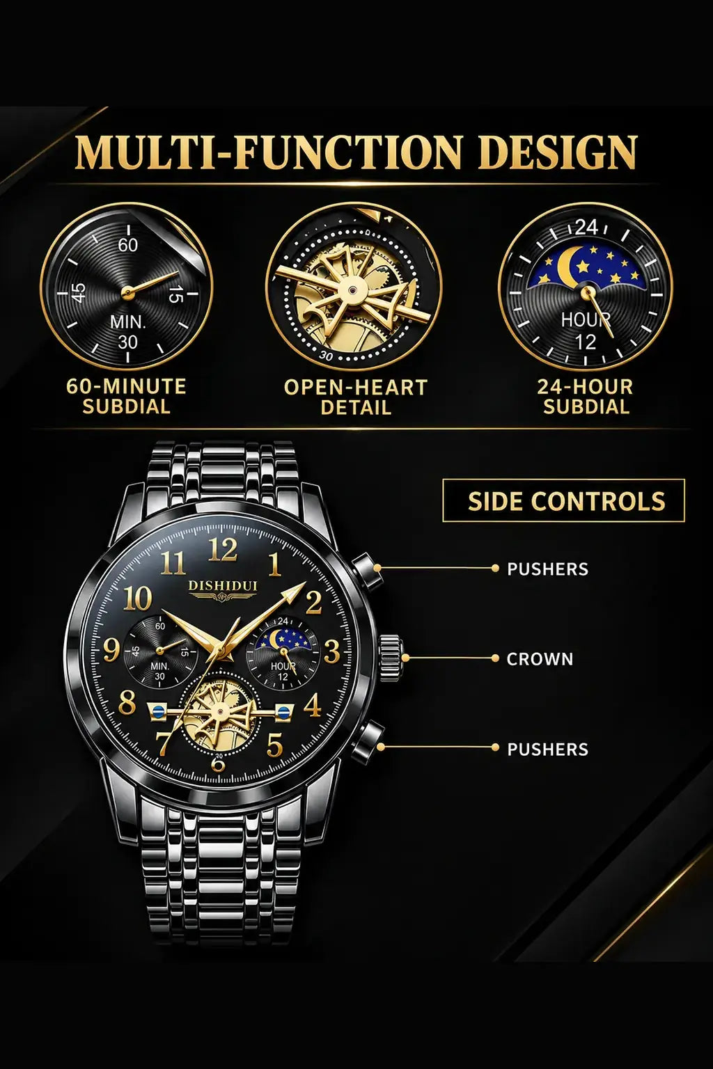 OLEVS Men's Luxury Business Chronograph Quartz Watch Black Stainless Steel Waterproof Luminous Roman Numerals Analog Wristwatch Mechanical Style 30M Waterproof Fashion Casual Trendy Male Watch Set Perfect Birthday Anniversary Gift with for Men 2859