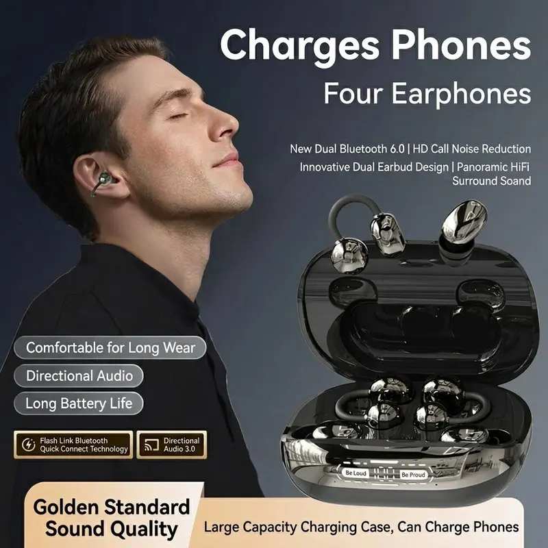 3-in-1 Wireless Electronic Headphones (6 Pieces: Sleep, In-Ear, Clip-On), Black-GT699S, Water Proof, IPX5 Rated, Sports-Secure Fit, Chargeable with Reverse Charging, Sleep Aid, Compatible with Android & iOS Cellphones