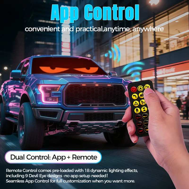 Devil's Eye High-Brightness LED Windshield Display, 15*4''/23*5'' Programmable LED Matrix Panel, Ojos Led Para Carro, USB-Powered with Remote & App Control for Sedans, SUVs & Medium Trucks