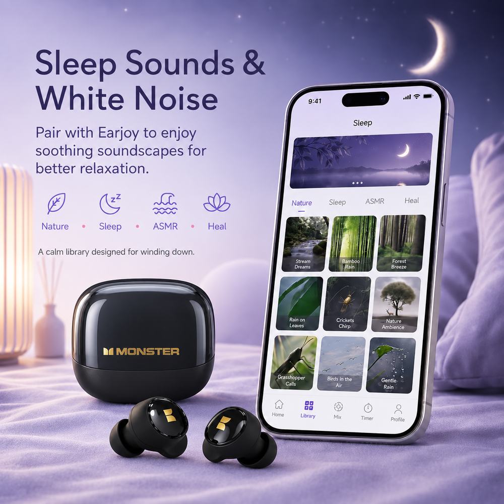 Monster Sleep Earphones - True Wireless Bluetooth Earbuds, Invisible Mini Lightweight In-Ear Headphones with Earjoy App, White Noise & Custom EQ for Side Sleepers & Travel Use, True Wireless Earphones