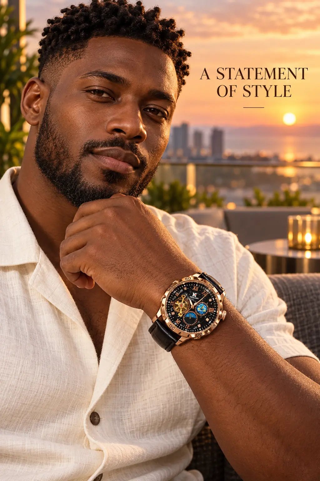 Men's Luxury Mechanical Stainless Steel Rhinestone Embellished Fashionable Stylish Watch, Rose Case, Moon Phase Display, Glow-In-The-Dark Hands, Dial, Rhinestone Decorations