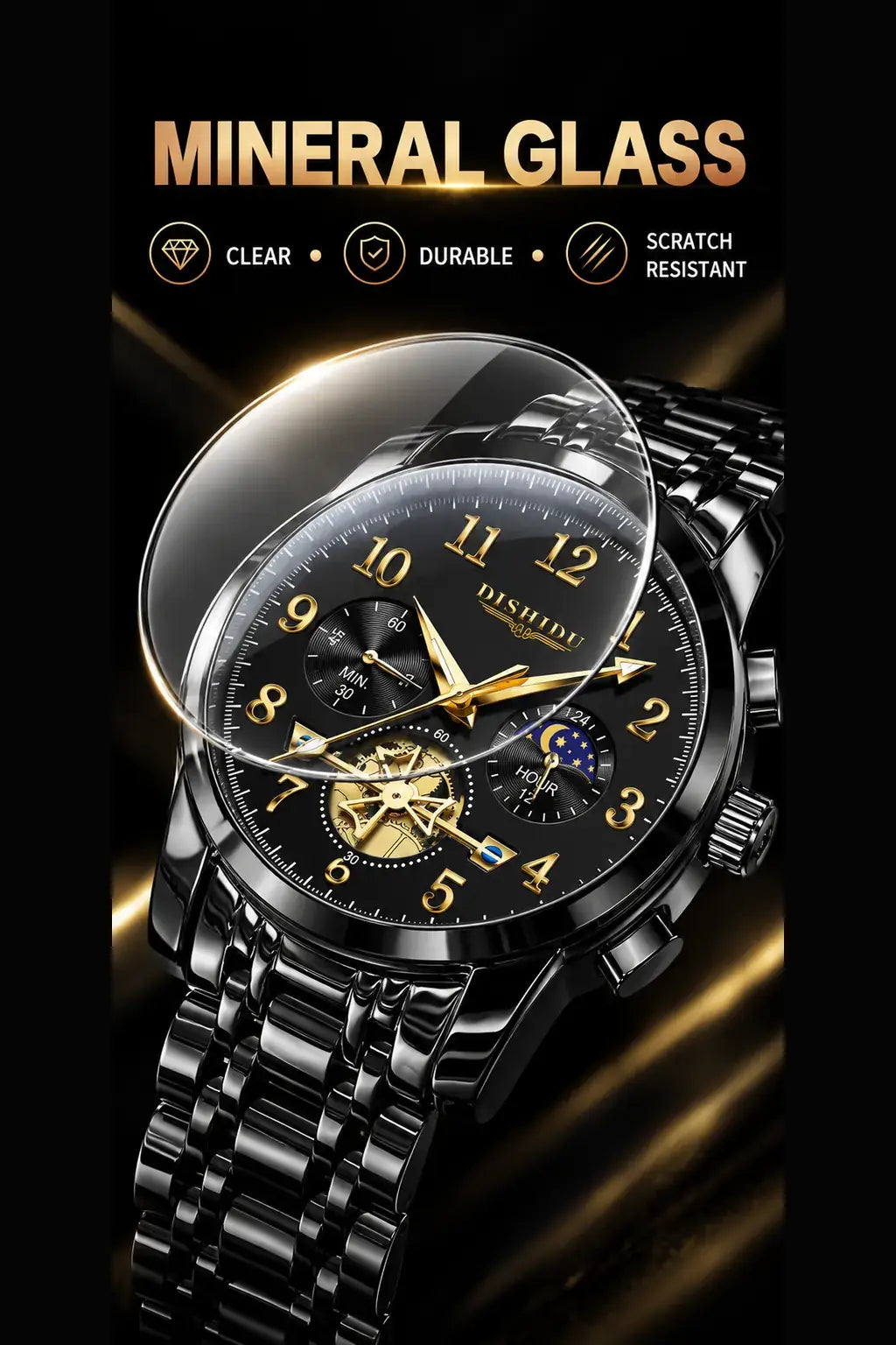 OLEVS Men's Luxury Business Chronograph Quartz Watch Black Stainless Steel Waterproof Luminous Roman Numerals Analog Wristwatch Mechanical Style 30M Waterproof Fashion Casual Trendy Male Watch Set Perfect Birthday Anniversary Gift with for Men 2859