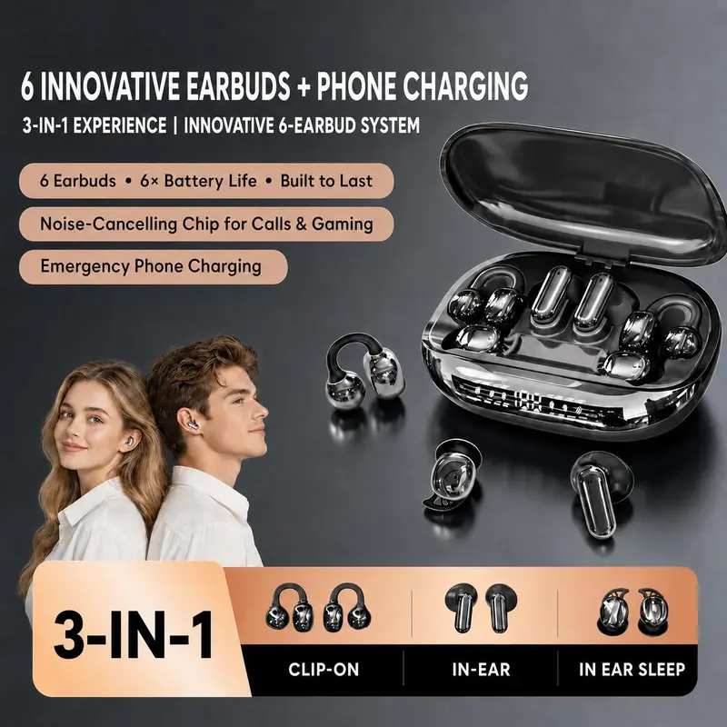 3-in-1 Wireless Electronic Headphones (6 Pieces: Sleep, In-Ear, Clip-On), Black-GT699S, Water Proof, IPX5 Rated, Sports-Secure Fit, Chargeable with Reverse Charging, Sleep Aid, Compatible with Android & iOS Cellphones