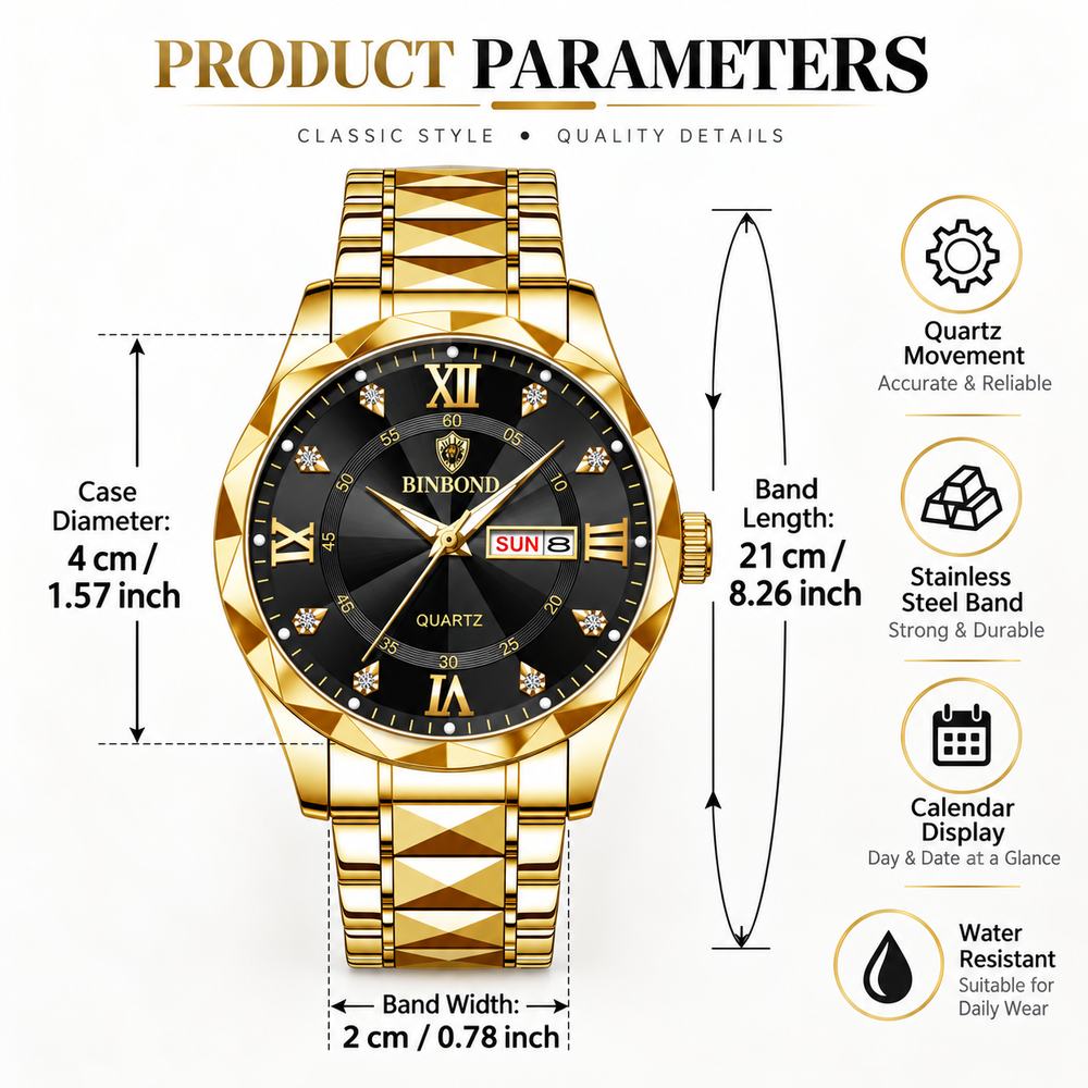 Men's Business Fashion Rhinestone Decor Analog Quartz Watch, Calendrier Waterproof Watch for Party, Daily Decor, Trendy Exquisite Watch for Birthday Gift with Box, Business Fashion Watches