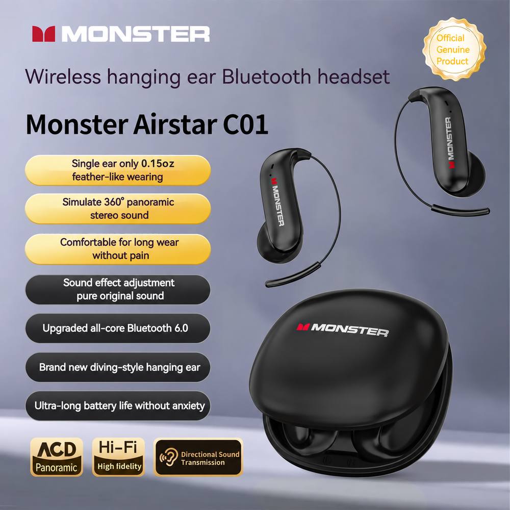 Monster Smart Wireless Bluetooth 6.0 Earbuds - 0-Gravity Titanium Ear-Hook, Noise Cancelling, 145H Playtime, Light Weight Audio Electronic Headphones, Waterproof & Sweatproof Smart Wireless Headset for Gym