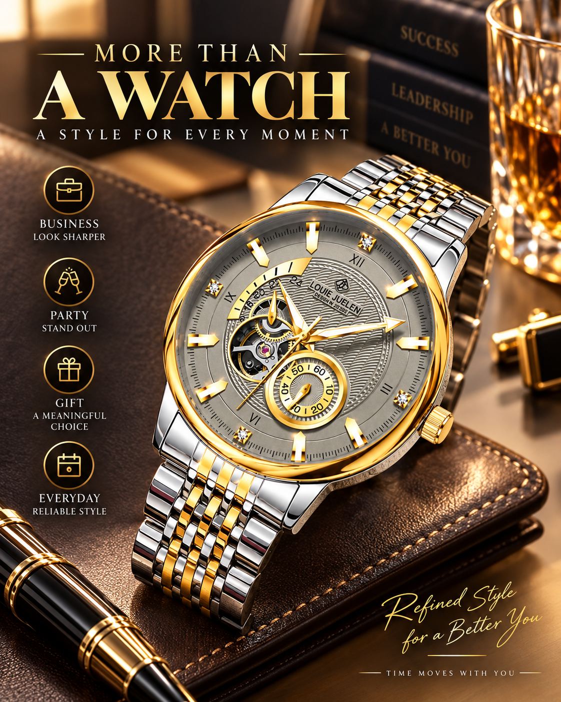 LOUIEJUELEN Aviator Series Men's Swiss Automatic Skeleton Watch - 42mm Stainless Steel Chronograph with Sapphire Crystal, Water-Resistant & Shockproof, Luminous Dial for Business & Casual Occasions