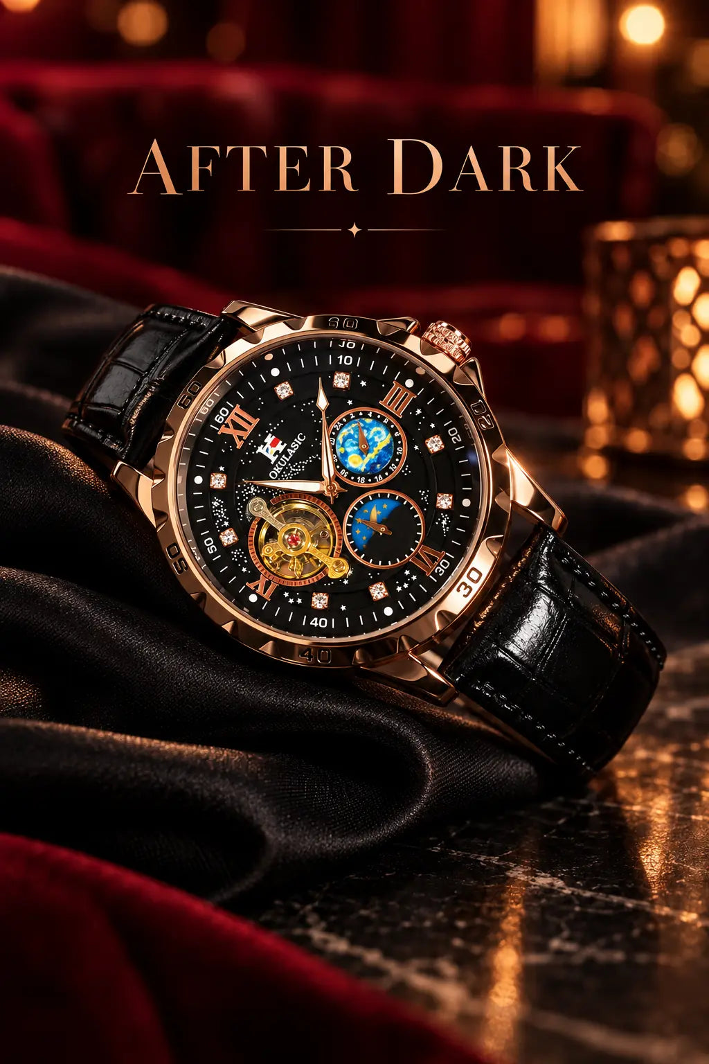 Men's Luxury Mechanical Stainless Steel Rhinestone Embellished Fashionable Stylish Watch, Rose Case, Moon Phase Display, Glow-In-The-Dark Hands, Dial, Rhinestone Decorations