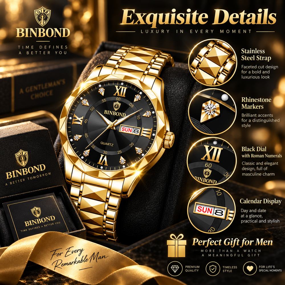 Men's Business Fashion Rhinestone Decor Analog Quartz Watch, Calendrier Waterproof Watch for Party, Daily Decor, Trendy Exquisite Watch for Birthday Gift with Box, Business Fashion Watches