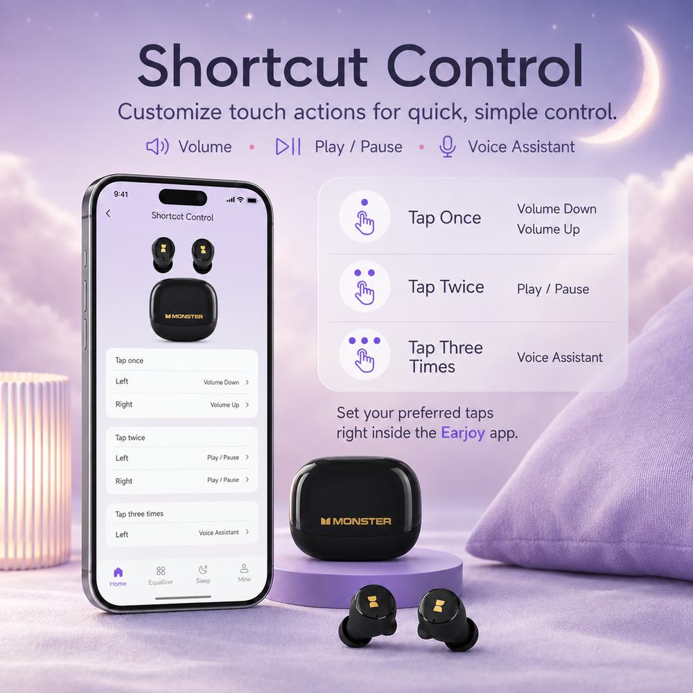 Monster Sleep Earphones - True Wireless Bluetooth Earbuds, Invisible Mini Lightweight In-Ear Headphones with Earjoy App, White Noise & Custom EQ for Side Sleepers & Travel Use, True Wireless Earphones