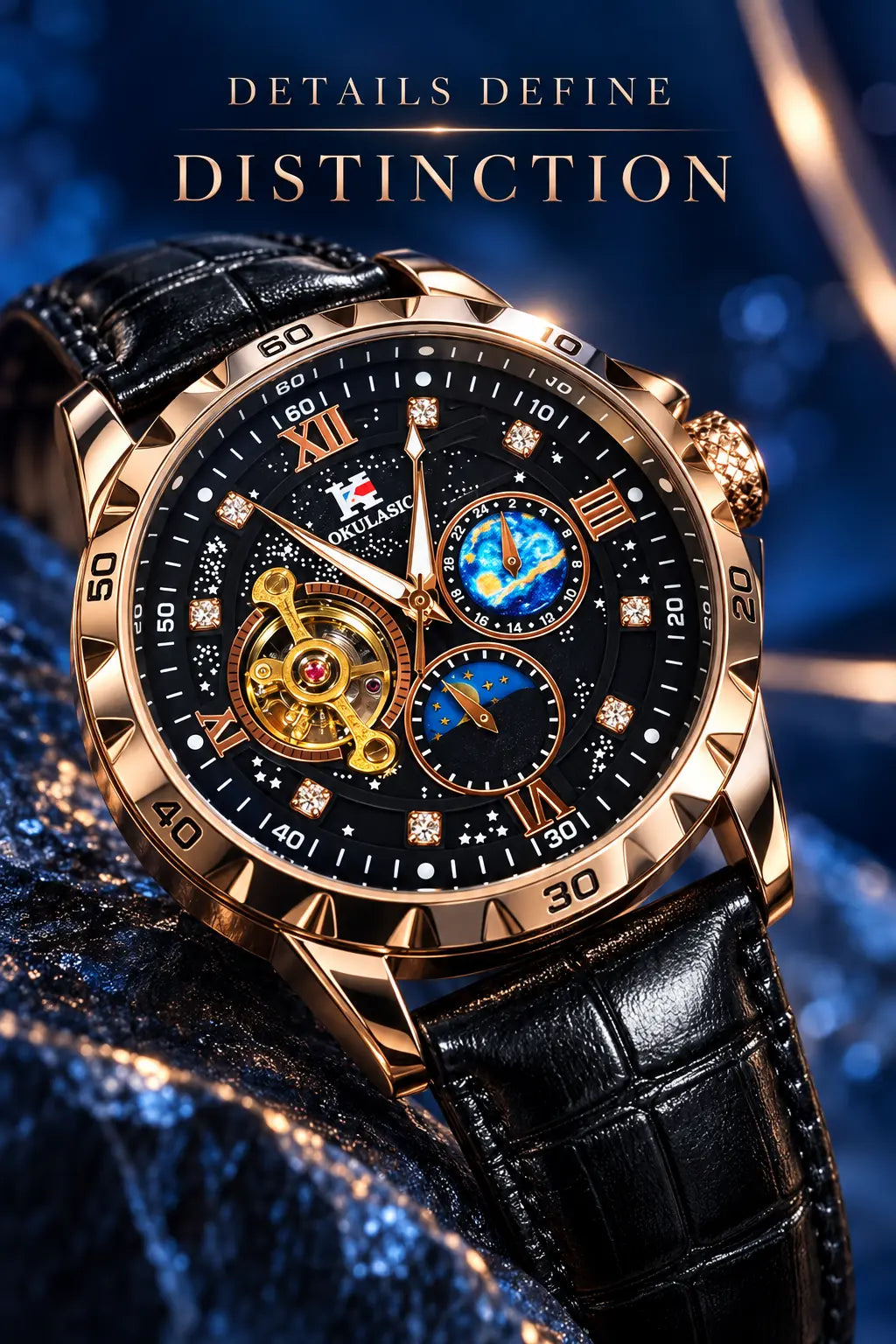 Men's Luxury Mechanical Stainless Steel Rhinestone Embellished Fashionable Stylish Watch, Rose Case, Moon Phase Display, Glow-In-The-Dark Hands, Dial, Rhinestone Decorations