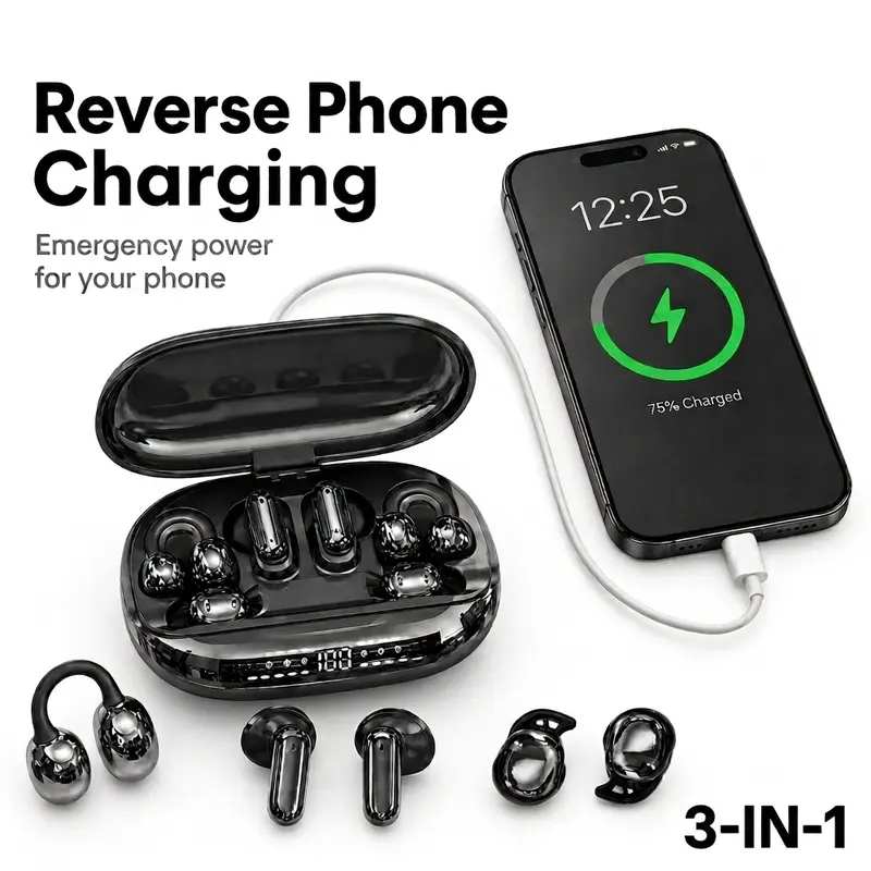 3-in-1 Wireless Electronic Headphones (6 Pieces: Sleep, In-Ear, Clip-On), Black-GT699S, Water Proof, IPX5 Rated, Sports-Secure Fit, Chargeable with Reverse Charging, Sleep Aid, Compatible with Android & iOS Cellphones