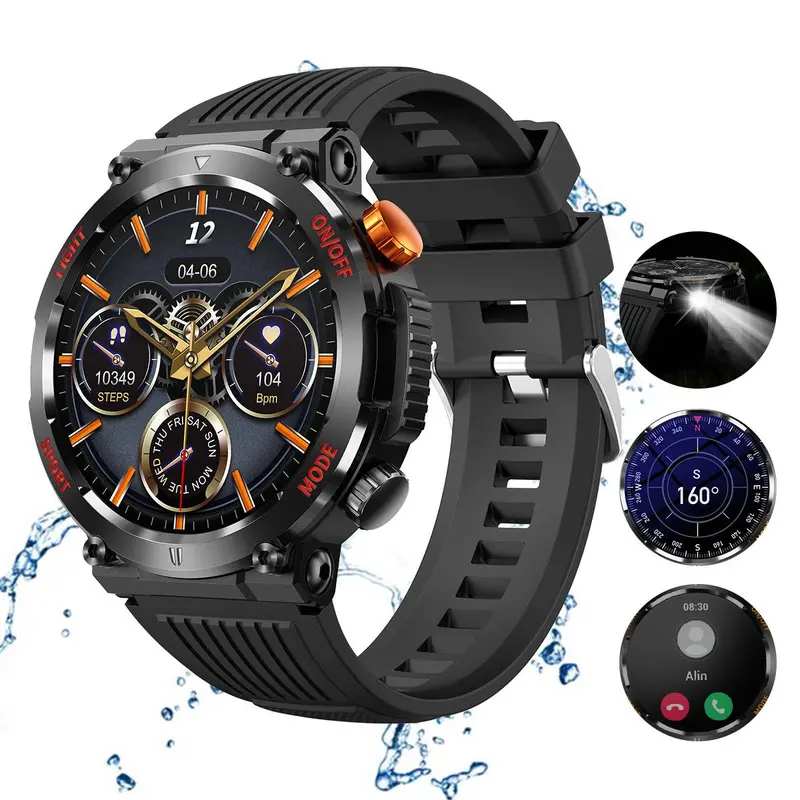 Military Smartwatches (Call Reception/Number Dialing) with LED Flashlight 1.46-inch High-Definition Outdoor Tactical Strong Smart Watch for Sports and Fitness Tracking, Weather , Information Push Voice Assistant, Clock Display Suitable for IOS and Android