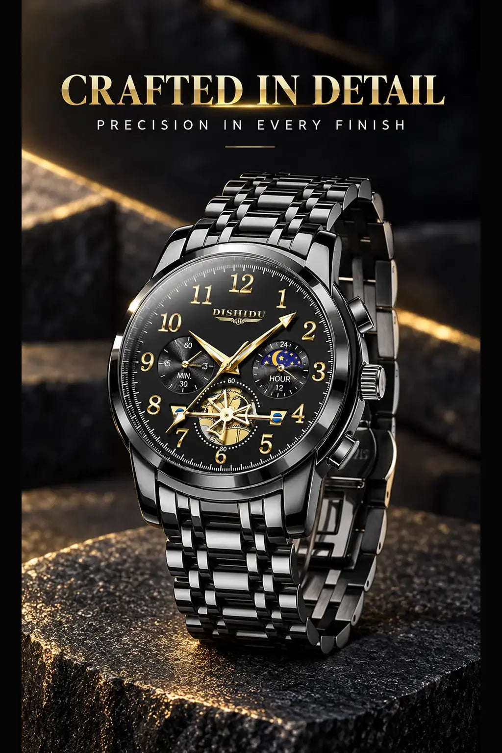OLEVS Men's Luxury Business Chronograph Quartz Watch Black Stainless Steel Waterproof Luminous Roman Numerals Analog Wristwatch Mechanical Style 30M Waterproof Fashion Casual Trendy Male Watch Set Perfect Birthday Anniversary Gift with for Men 2859