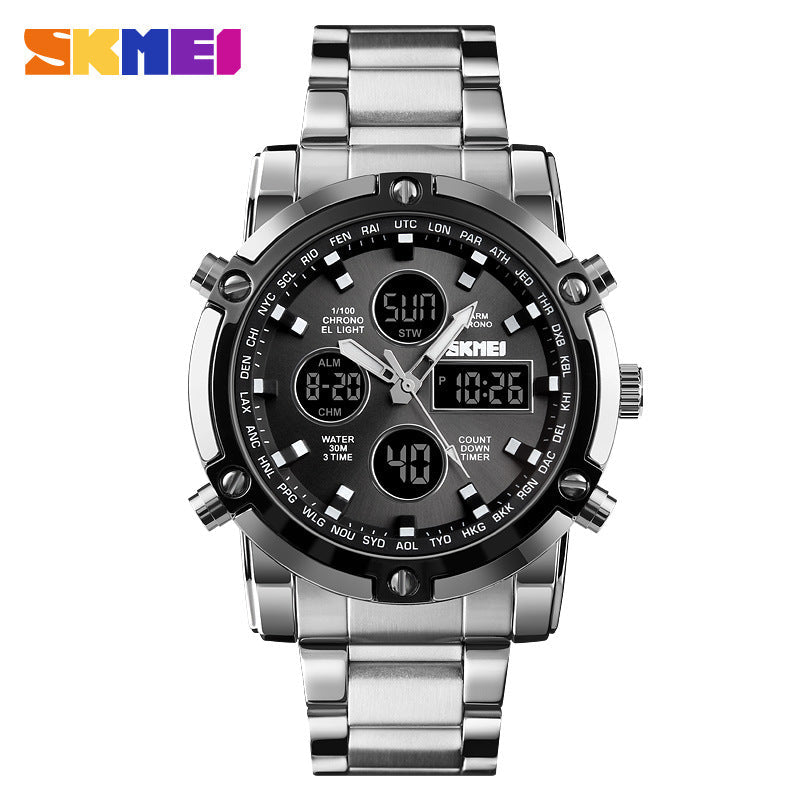 SKMEI Fashion Multi functional Sports Men's Watch, 48Mm Metal Case with 3 Time Zone Night Light 30M Waterproof Stainless Steel Strap, Dual Time Display, Timer, Calendar, Alarm Clock Function Watch Wristwatch
