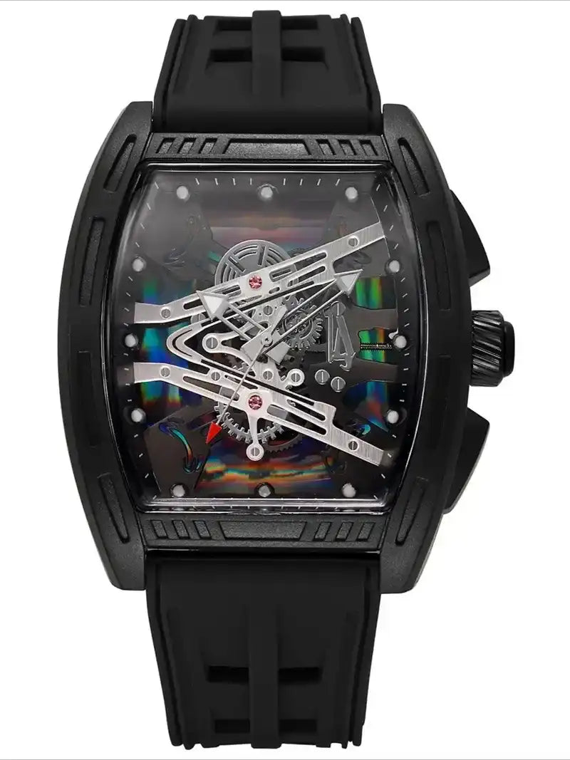 Fashion Tonneau-Shaped Colorful Hollow Dial Silicone Strap Trendy Analog Quartz Wristwatch for Men, Modern Fashionable Watch, Barrel Shaped Watch