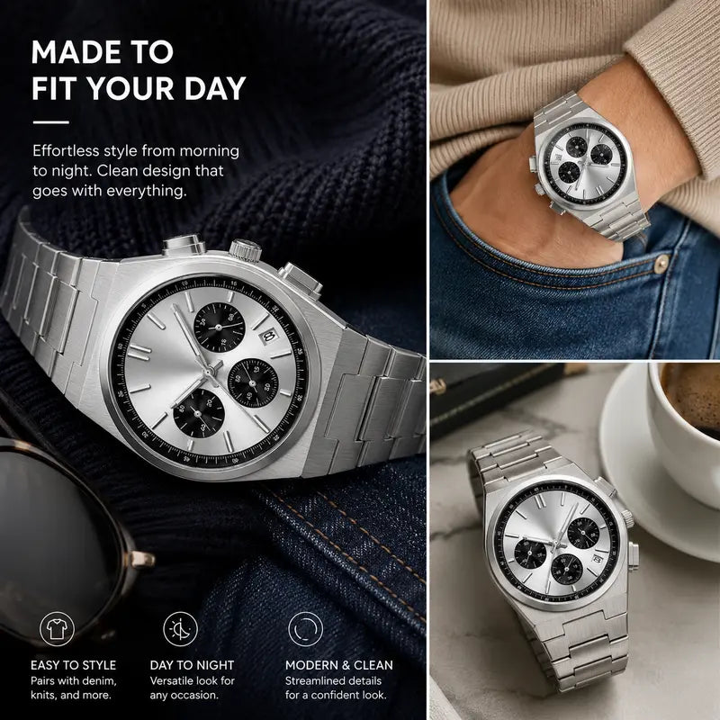 Men's Casual Business Analog Chronograph Watch, Classic Stainless Steel Metal Band, Quartz Movement, Analog Face, Round Shape, Mineral Glass, Calendar Date Display, 30M-50M Water Resistant, Clasp Closure