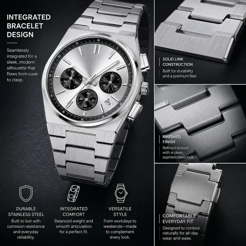 Men's Casual Business Analog Chronograph Watch, Classic Stainless Steel Metal Band, Quartz Movement, Analog Face, Round Shape, Mineral Glass, Calendar Date Display, 30M-50M Water Resistant, Clasp Closure
