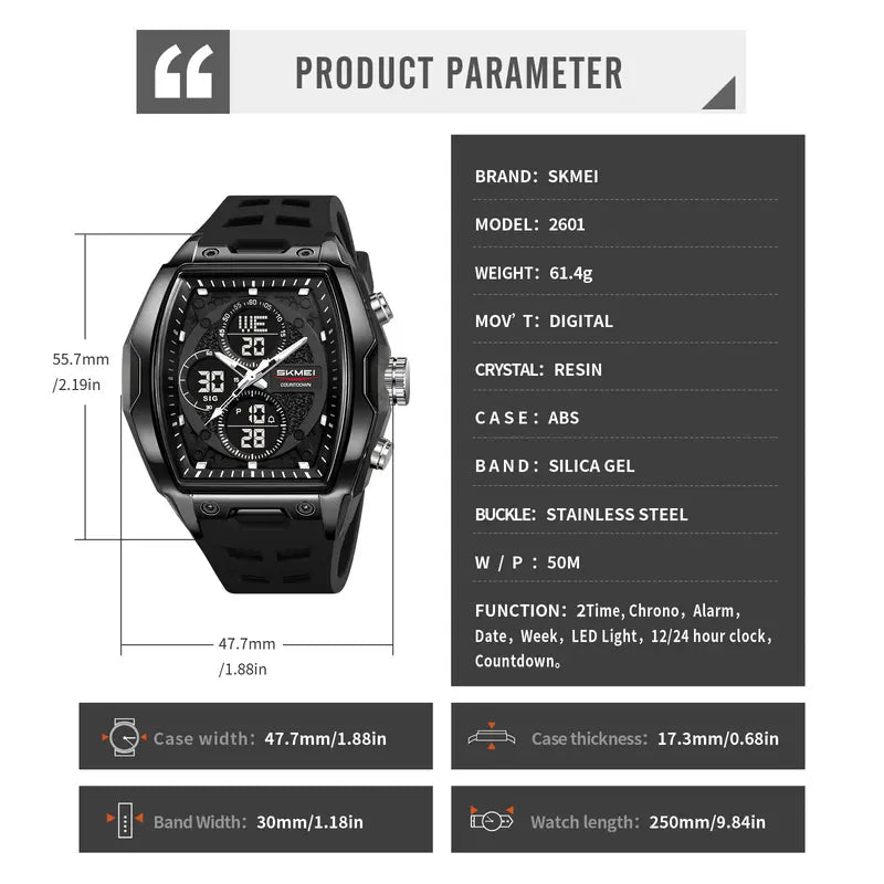 SKMEI Unisex Large Size Barrel-Style Plastic Ana-Digi Hybrid Display Skeleton Digital Wristwatch, Wide Silicone Band, Backlit LED, Stopwatch, Alarm, ABS-Resin Build for Work & Daily Wear
