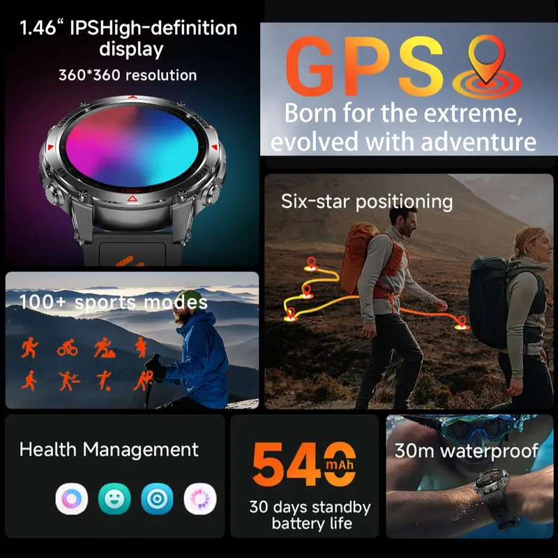 GPS Outdoor Sports Smartwatch, Fitness Tracker with Wireless Calling, 100+ Sports Modes, Calorie Counter, Weather Alerts & LED Compass, Gift for Men and Women, Fitness Smart Watches, Multifunctional Smart Watch