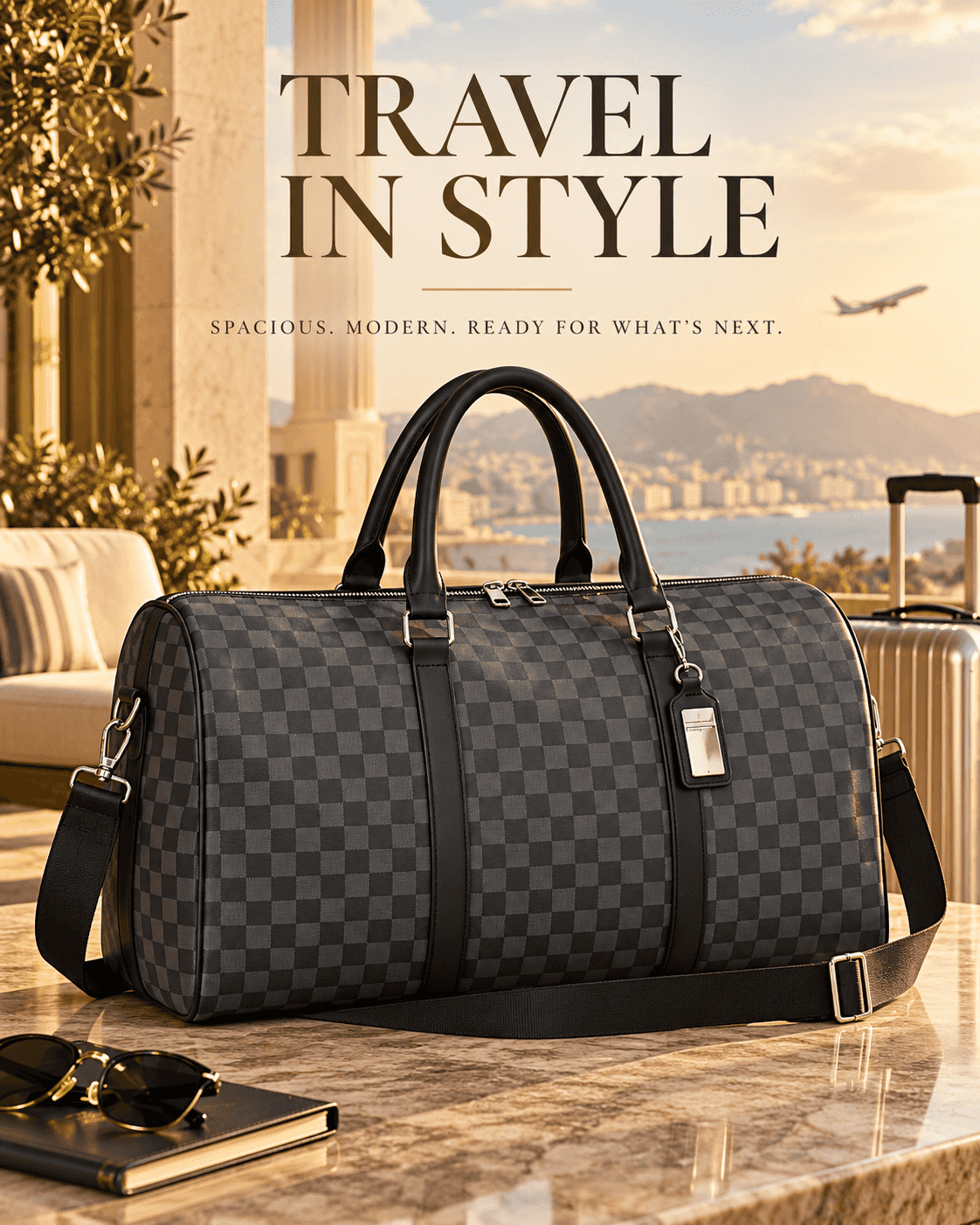 Men’s Large Capacity Travel Weekender Bag – Premium Checkered Duffle Bag with Shoulder Strap, Spacious Carry-On Luggage for Business Trips, Gym & Weekend Travel