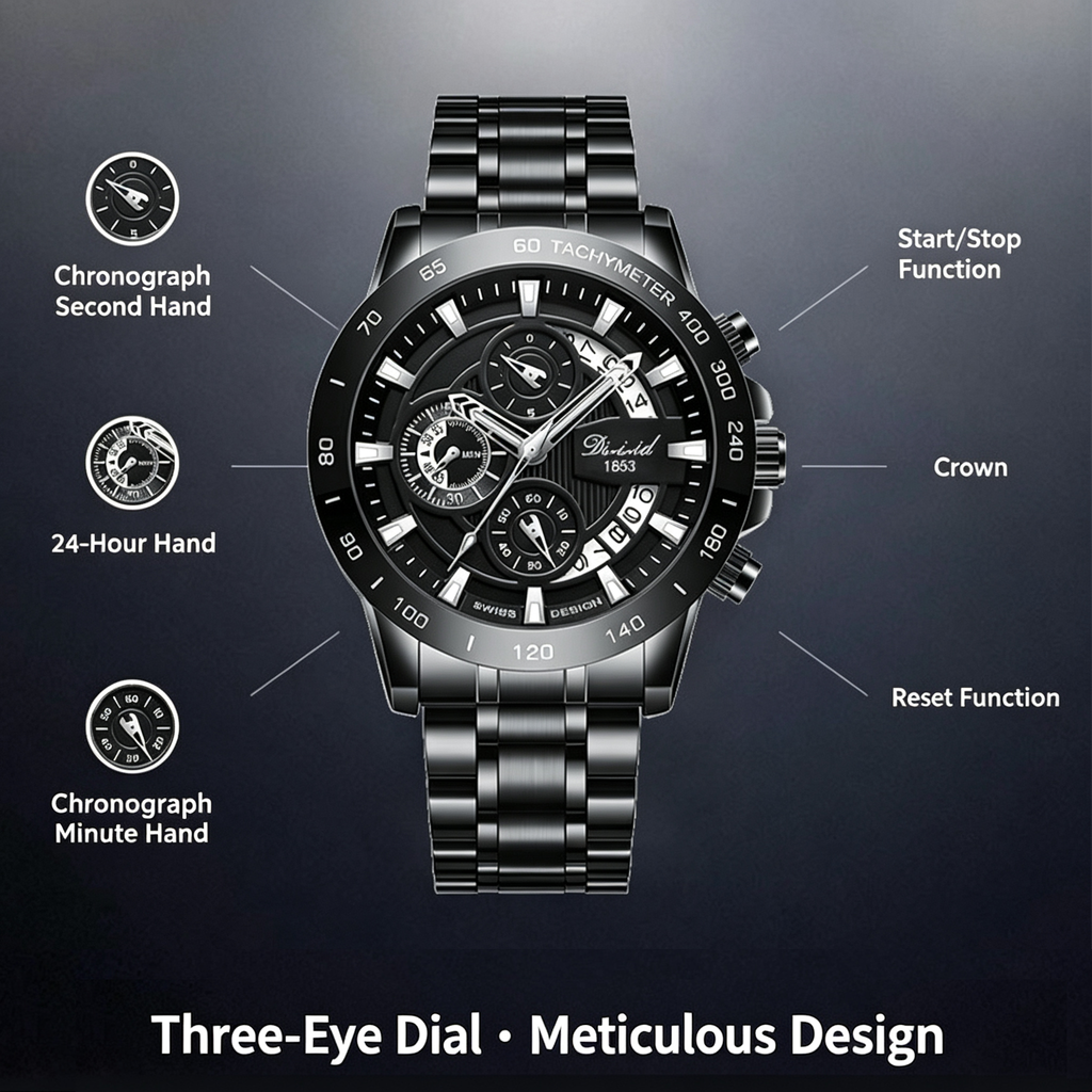 Dizhi Trendy Black Knight Steel Band Men's Fashion Multifunctional Luminous Waterproof Business-Style Quartz Watch
