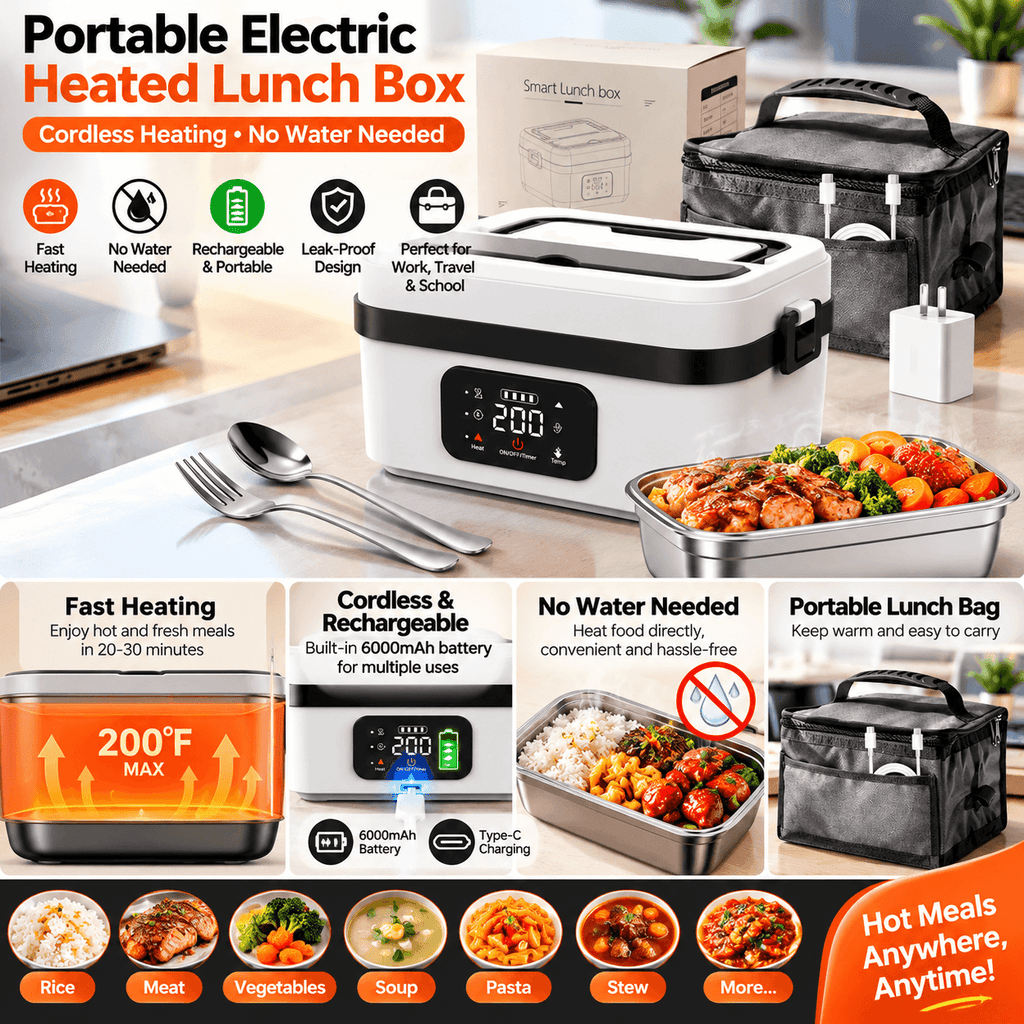 Cordless Heated Lunch Box - Thermal Lunch Box for Adults, Leakproof Insulated Lunchbox, Non-Toxic Stainless Steel, ABS, 12000mAh Battery, 220°F Max Warmer, Lid, Fork, Portable for Office/Car, Dishwasher Safe