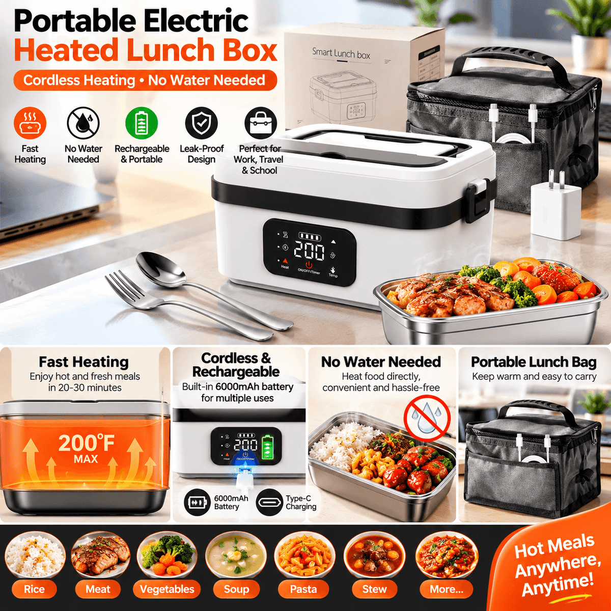 Cordless Heated Lunch Box - Thermal Lunch Box for Adults, Leakproof Insulated Lunchbox, Non-Toxic Stainless Steel, ABS, 12000mAh Battery, 220°F Max Warmer, Lid, Fork, Portable for Office/Car, Dishwasher Safe