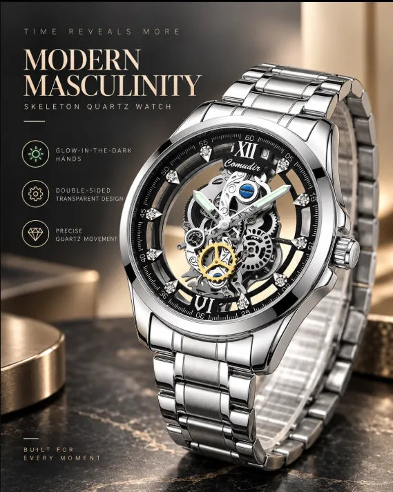 Men's Silver Color Steel Strap Dual-Sided Transparent Sporty Casual Business Watch, Quartz Wristwatch, Analog Round Face, Quartz Movement, Alloy Case