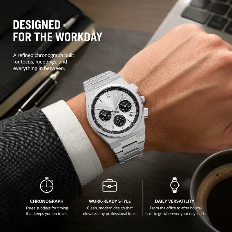 Men's Casual Business Analog Chronograph Watch, Classic Stainless Steel Metal Band, Quartz Movement, Analog Face, Round Shape, Mineral Glass, Calendar Date Display, 30M-50M Water Resistant, Clasp Closure