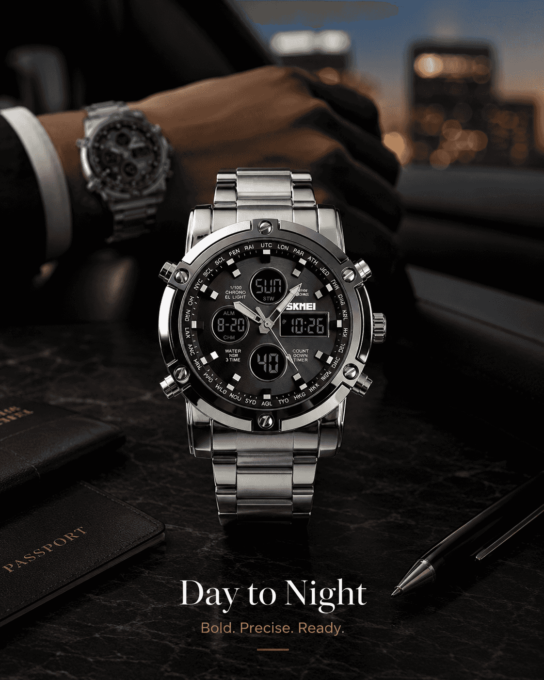 SKMEI Fashion Multi functional Sports Men's Watch, 48Mm Metal Case with 3 Time Zone Night Light 30M Waterproof Stainless Steel Strap, Dual Time Display, Timer, Calendar, Alarm Clock Function Watch Wristwatch