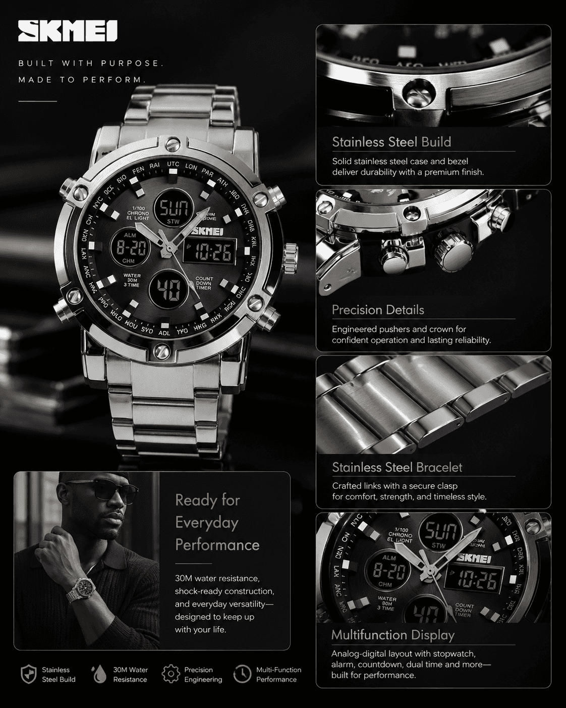 SKMEI Fashion Multi functional Sports Men's Watch, 48Mm Metal Case with 3 Time Zone Night Light 30M Waterproof Stainless Steel Strap, Dual Time Display, Timer, Calendar, Alarm Clock Function Watch Wristwatch