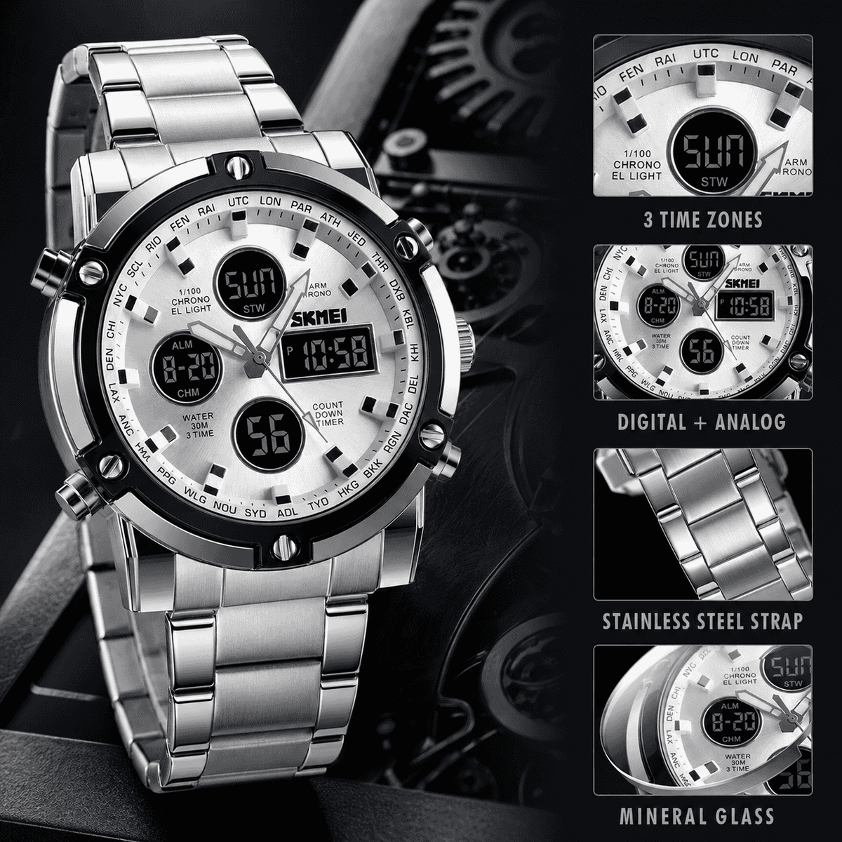 SKMEI Men's 2-Tone Stainless Steel Sport Watch | Analog-Digital, 3 Time Zones, Backlight & Alarm | Perfect Unique Birthday Gift for Him
