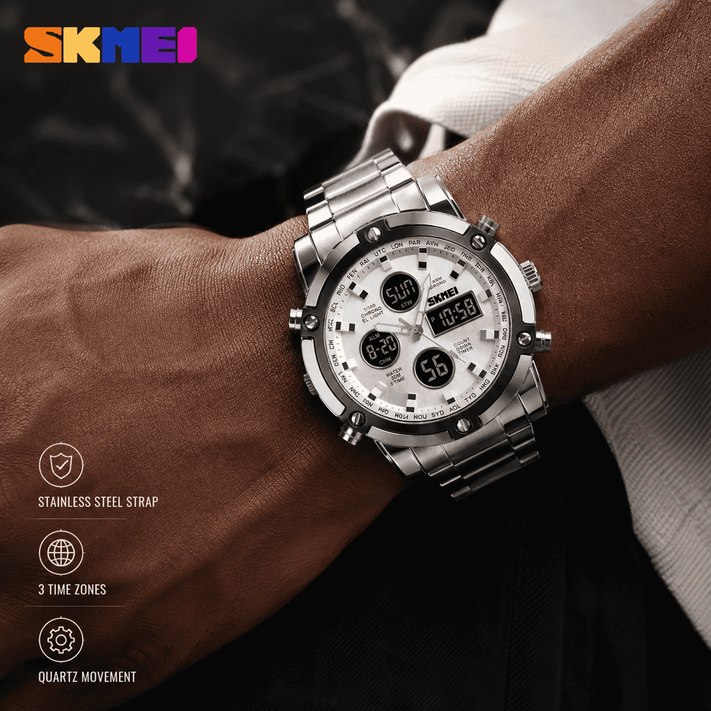 SKMEI Men's 2-Tone Stainless Steel Sport Watch | Analog-Digital, 3 Time Zones, Backlight & Alarm | Perfect Unique Birthday Gift for Him