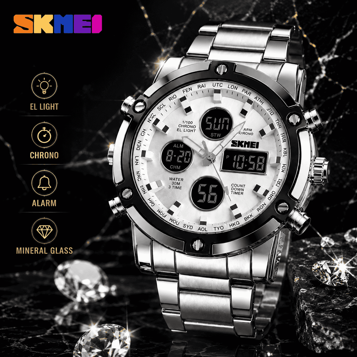 SKMEI Men's 2-Tone Stainless Steel Sport Watch | Analog-Digital, 3 Time Zones, Backlight & Alarm | Perfect Unique Birthday Gift for Him