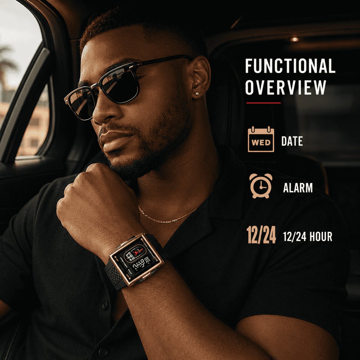 SKMEI Men's Minimalist Casual Metal Frame Rectangle Digital Wristwatch - 40mm Gold-Tone Analog-Digital Chronograph Stopwatch, Black Band, 30M Waterproof, LED Light