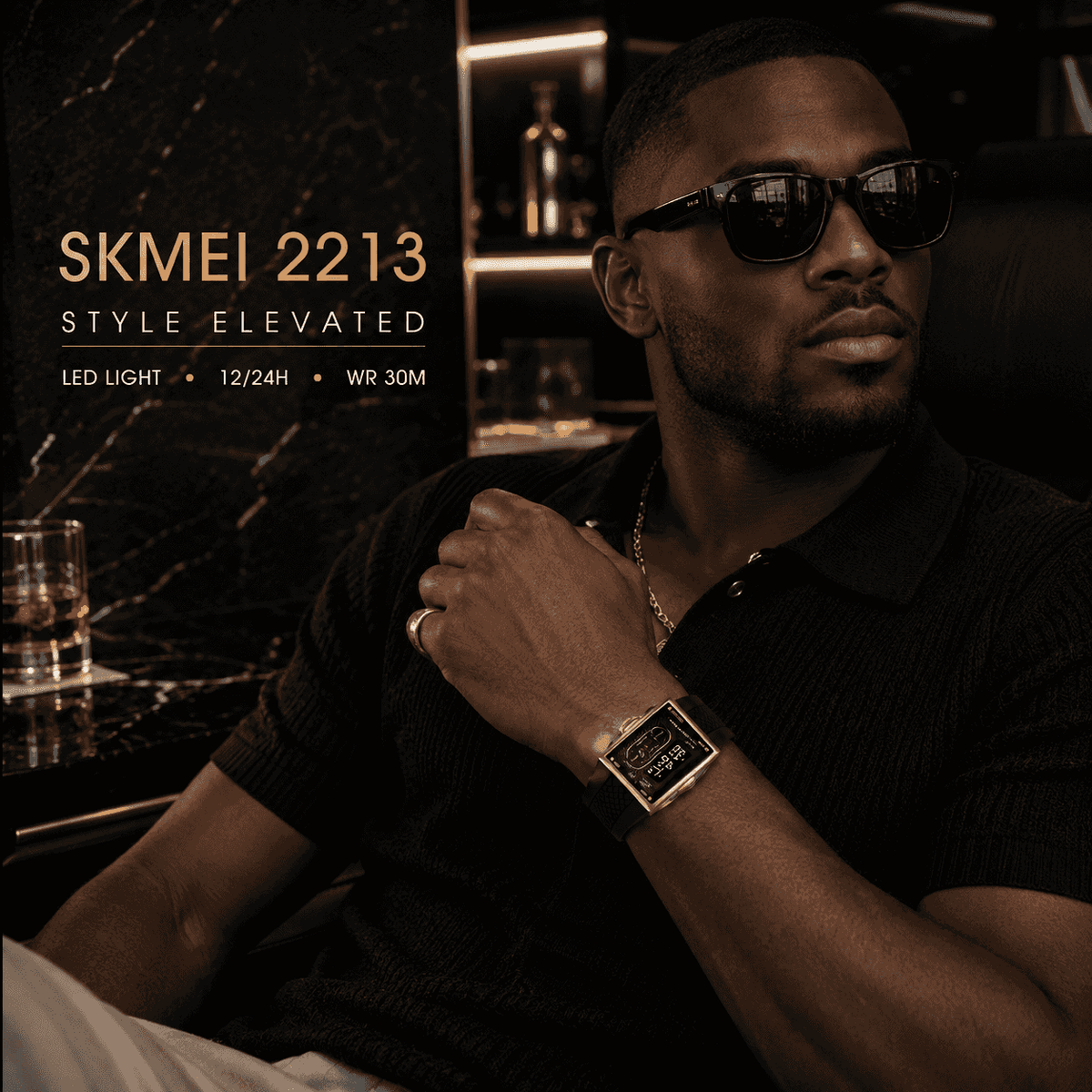 SKMEI Men's Minimalist Casual Metal Frame Rectangle Digital Wristwatch - 40mm Gold-Tone Analog-Digital Chronograph Stopwatch, Black Band, 30M Waterproof, LED Light