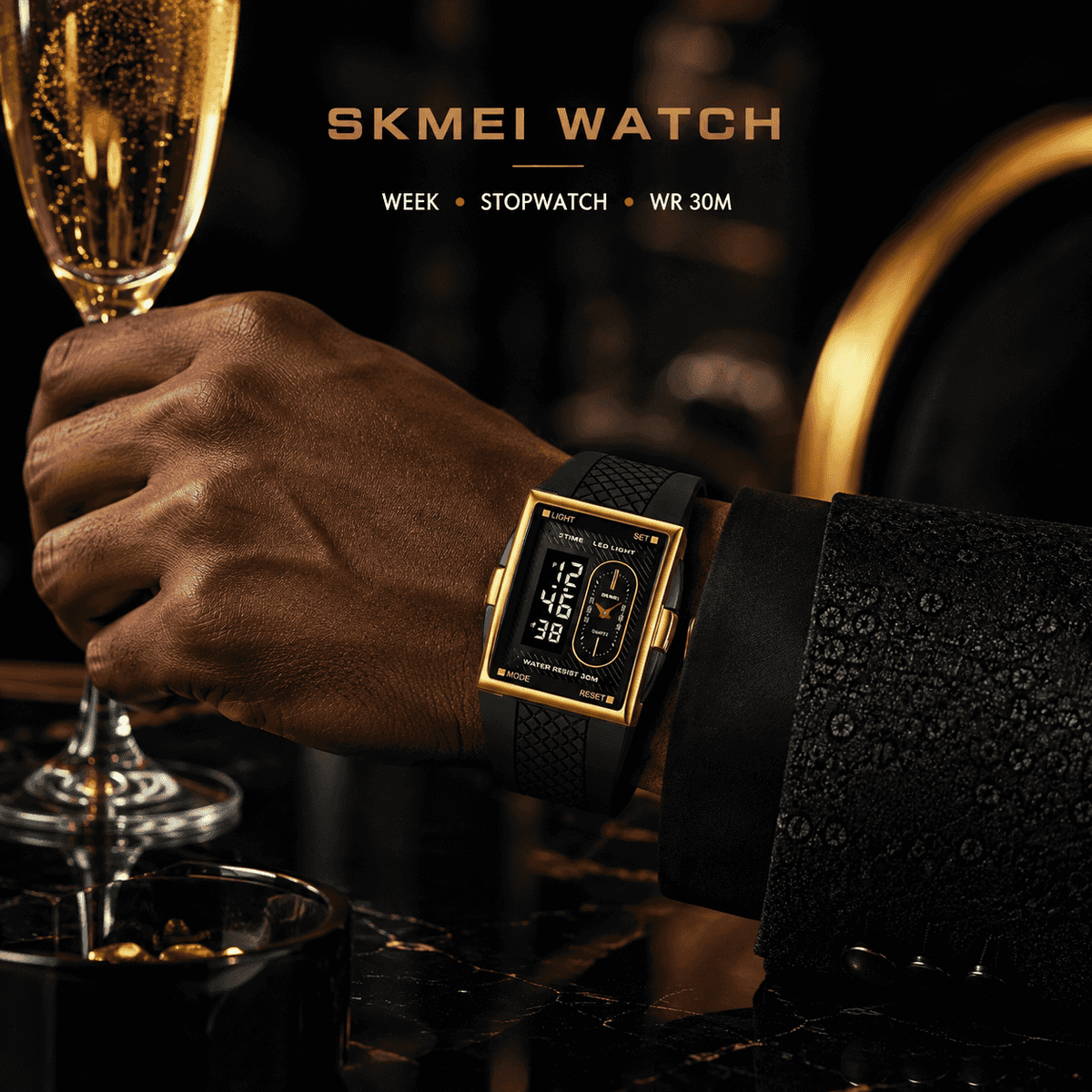 SKMEI Men's Minimalist Casual Metal Frame Rectangle Digital Wristwatch - 40mm Gold-Tone Analog-Digital Chronograph Stopwatch, Black Band, 30M Waterproof, LED Light