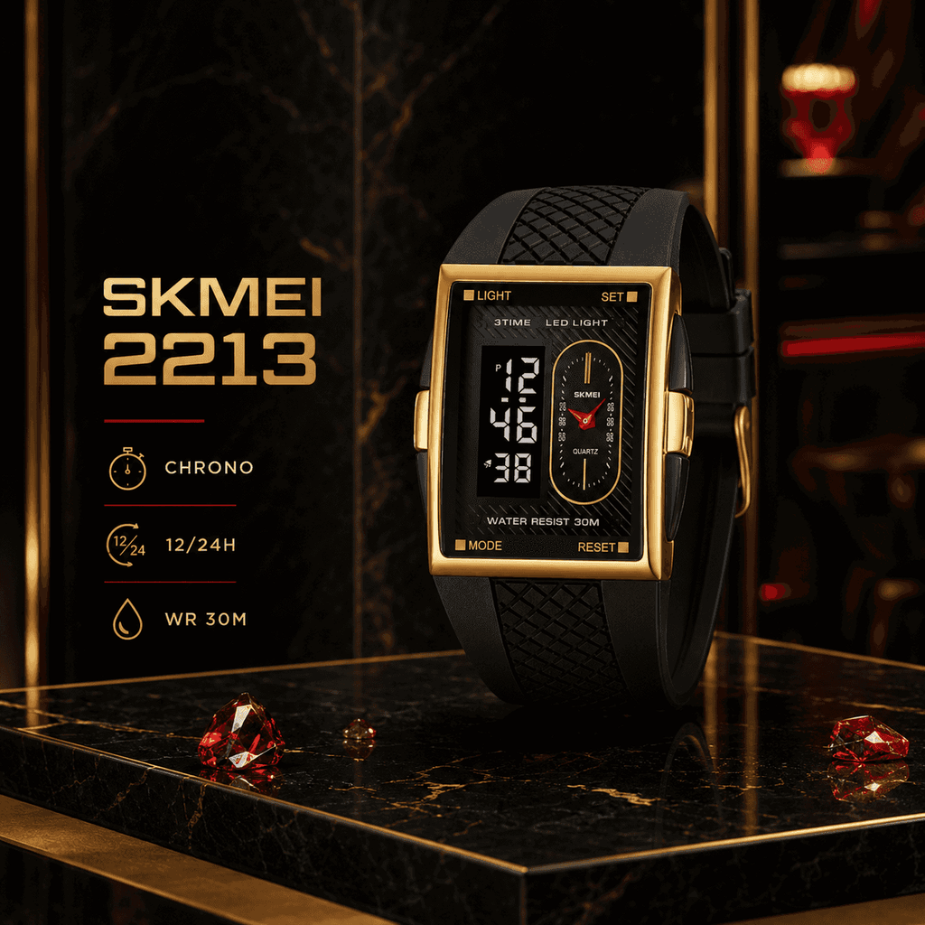 SKMEI Men's Minimalist Casual Metal Frame Rectangle Digital Wristwatch - 40mm Gold-Tone Analog-Digital Chronograph Stopwatch, Black Band, 30M Waterproof, LED Light