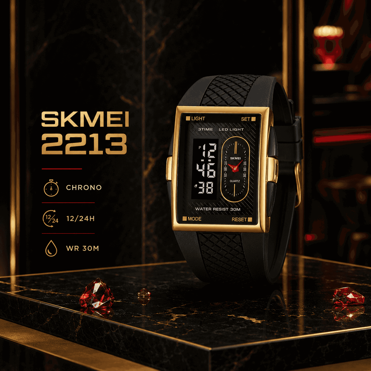 SKMEI Men's Minimalist Casual Metal Frame Rectangle Digital Wristwatch - 40mm Gold-Tone Analog-Digital Chronograph Stopwatch, Black Band, 30M Waterproof, LED Light