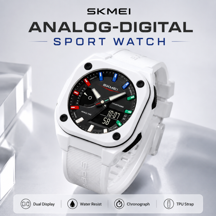Men's Casual Quartz Analog-Digital Plastic Sport Watch - 30M-50M Waterproof, Chronograph, Luminous Light, Multiple Time Zones, Alarm, TPU Strap, Wearable Tech, Men's Accessories, Mens Gifts