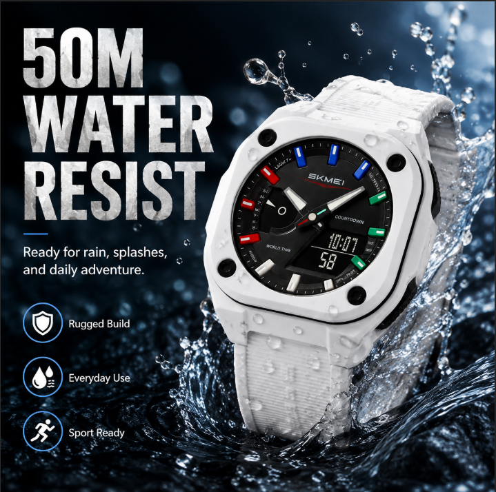 Men's Casual Quartz Analog-Digital Plastic Sport Watch - 30M-50M Waterproof, Chronograph, Luminous Light, Multiple Time Zones, Alarm, TPU Strap, Wearable Tech, Men's Accessories, Mens Gifts
